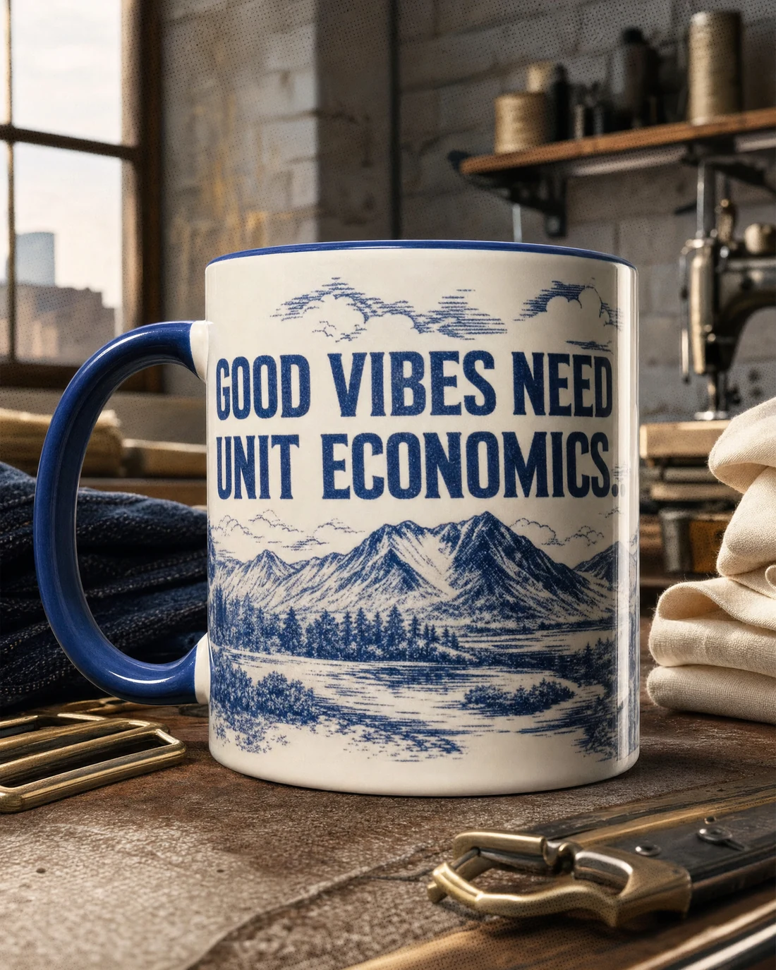 Fine porcelain mug photographed as a real premium object with the exact statement “good vibes need unit economics” integrated into its material.