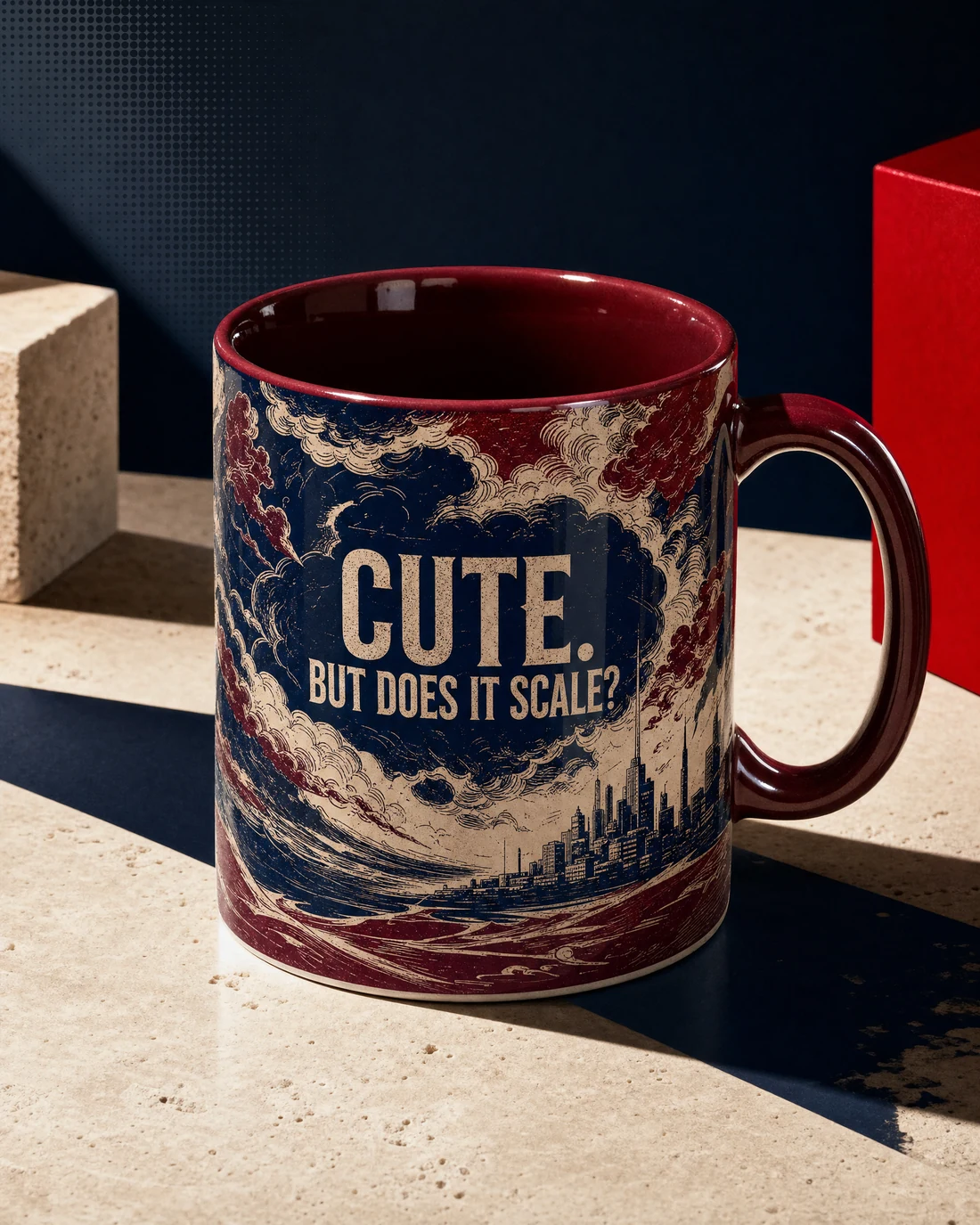 Fine porcelain mug photographed as a real premium object with the exact statement “cute. but does it scale?” integrated into its material.
