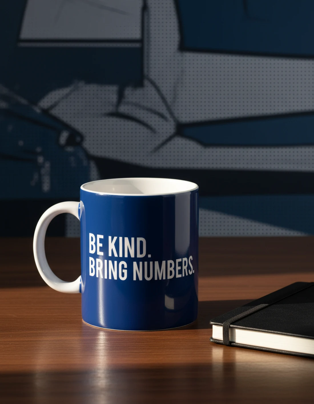 Fine porcelain mug photographed as a real premium object with the exact statement “be kind. bring numbers.” integrated into its material.