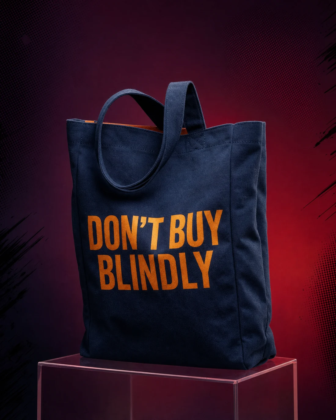 16 oz cotton-canvas tote photographed as a real premium object with the exact statement “don’t buy blindly” integrated into its material.