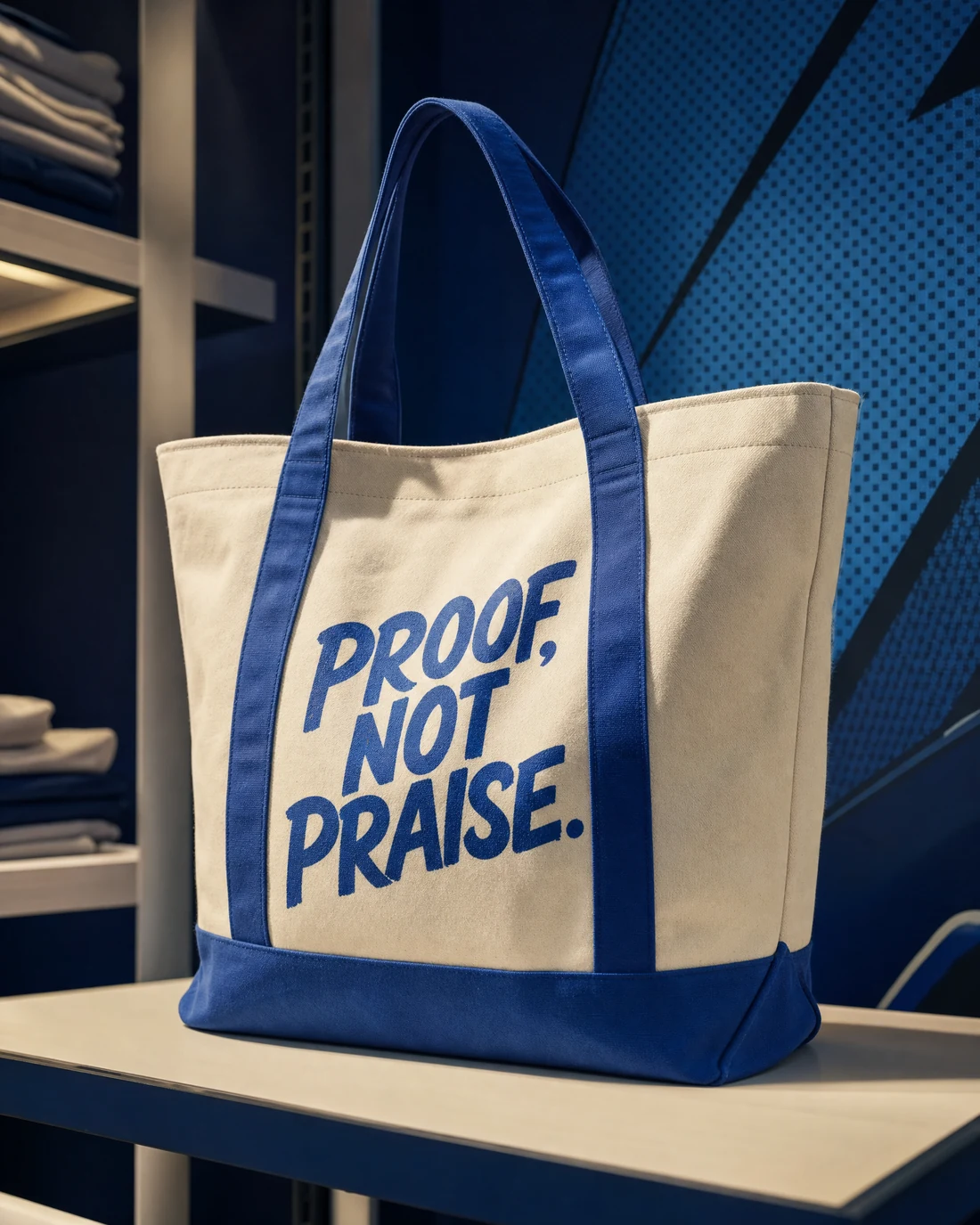 16 oz cotton-canvas tote photographed as a real premium object with the exact statement “proof, not praise” integrated into its material.