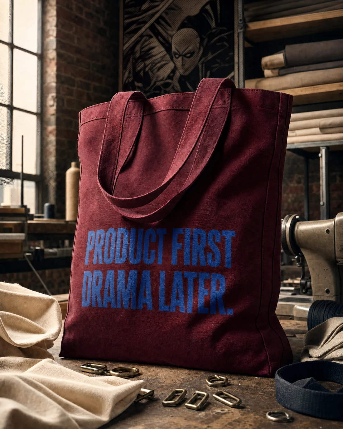 16 oz cotton-canvas tote photographed as a real premium object with the exact statement “product first. drama later.” integrated into its material.