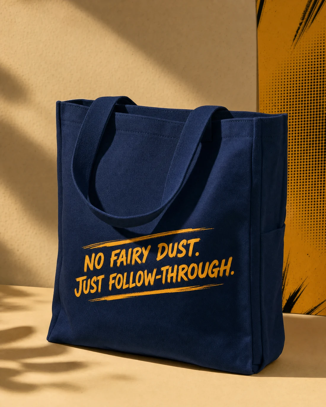 16 oz cotton-canvas tote photographed as a real premium object with the exact statement “no fairy dust. just follow-through.” integrated into its material.