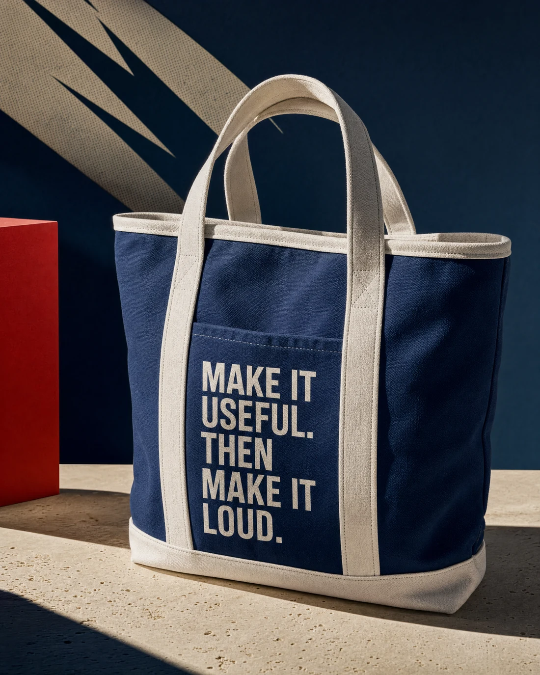 16 oz cotton-canvas tote photographed as a real premium object with the exact statement “make it useful. then make it loud.” integrated into its material.