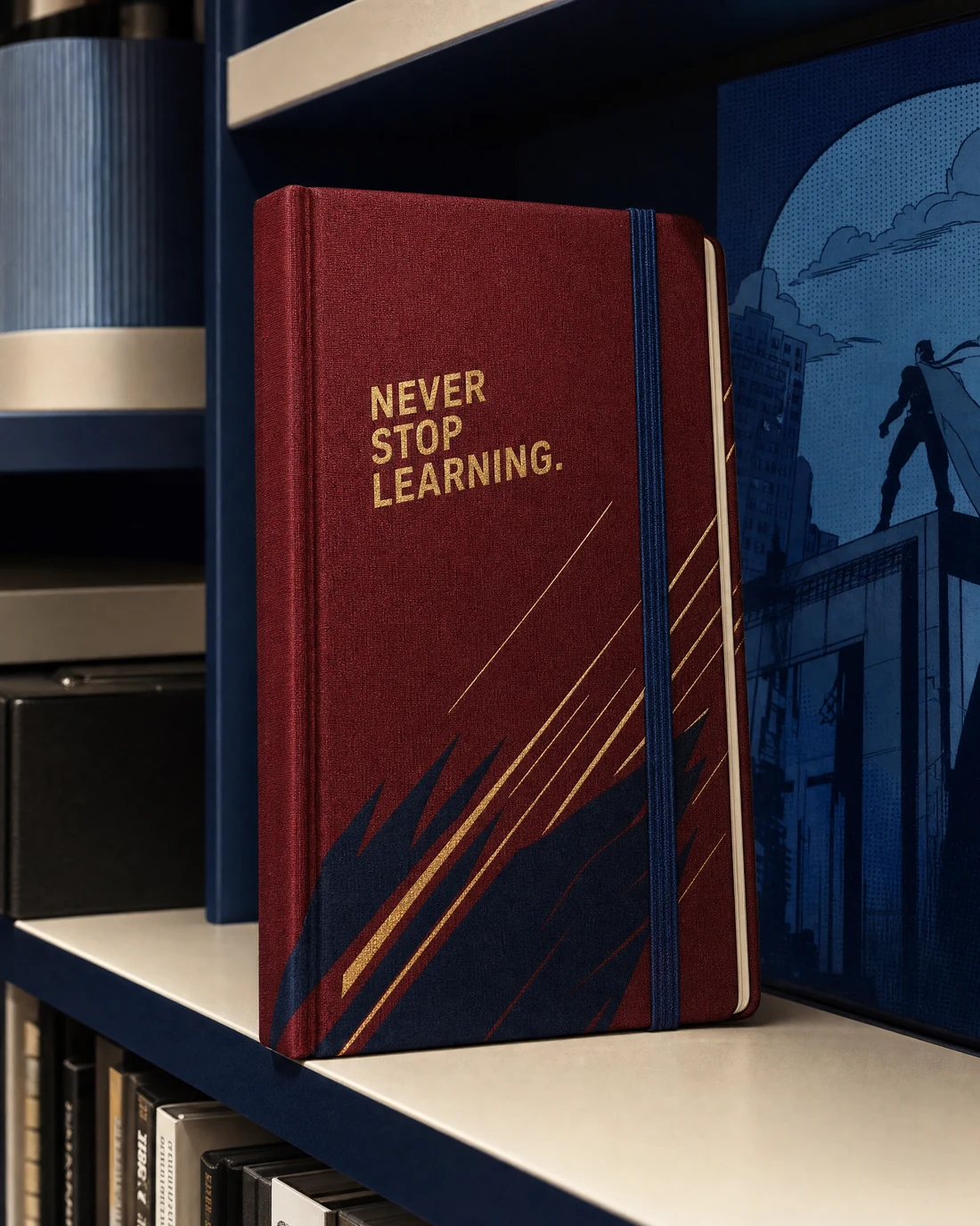 Cloth-bound notebook photographed as a real premium object with the exact statement “never stop learning” integrated into its material.