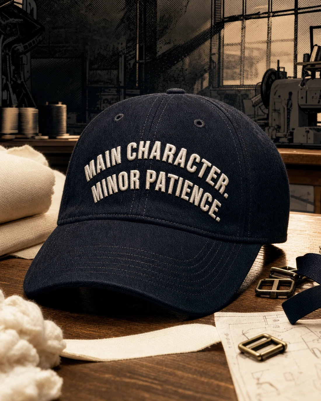 Heavy cotton-twill cap photographed as a real premium object with the exact statement “main character. minor patience.” integrated into its material.