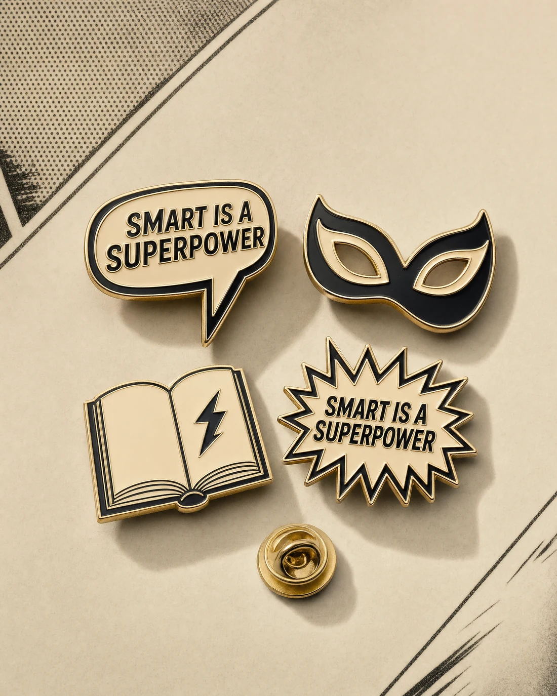 Four-piece hard-enamel pin set photographed as a real premium object with the exact statement “smart is a superpower” integrated into its material.