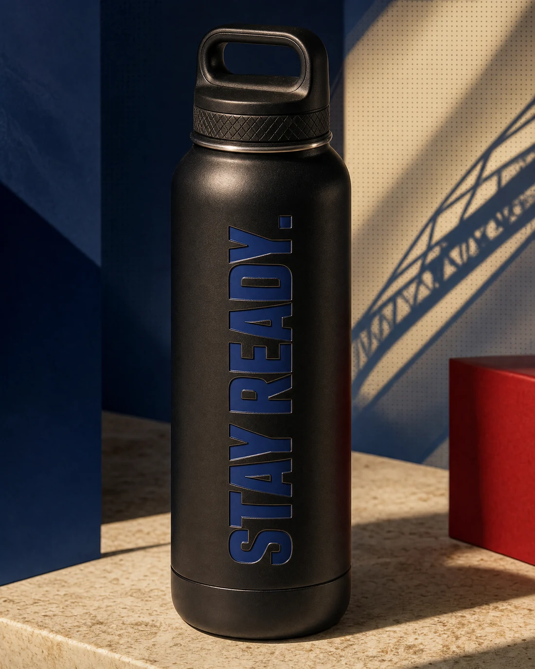 Double-wall steel bottle photographed as a real premium object with the exact statement “stay ready” integrated into its material.