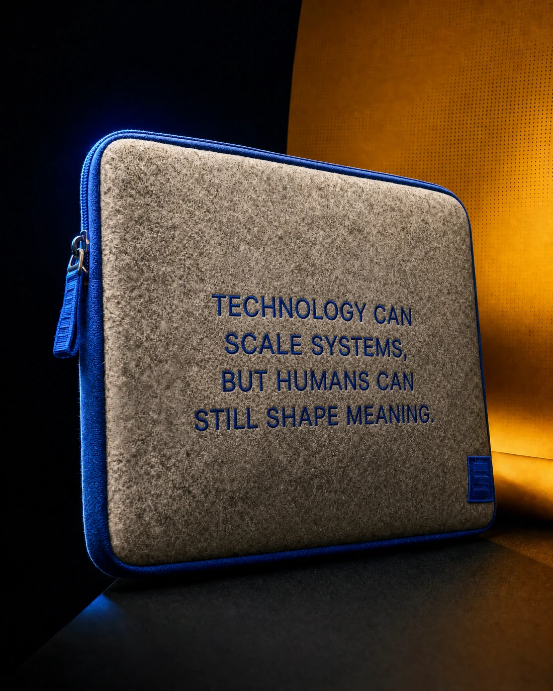 Recycled-felt laptop sleeve photographed as a real premium object with the exact statement “technology can scale systems, but humans can still shape meaning” integrated into its material.