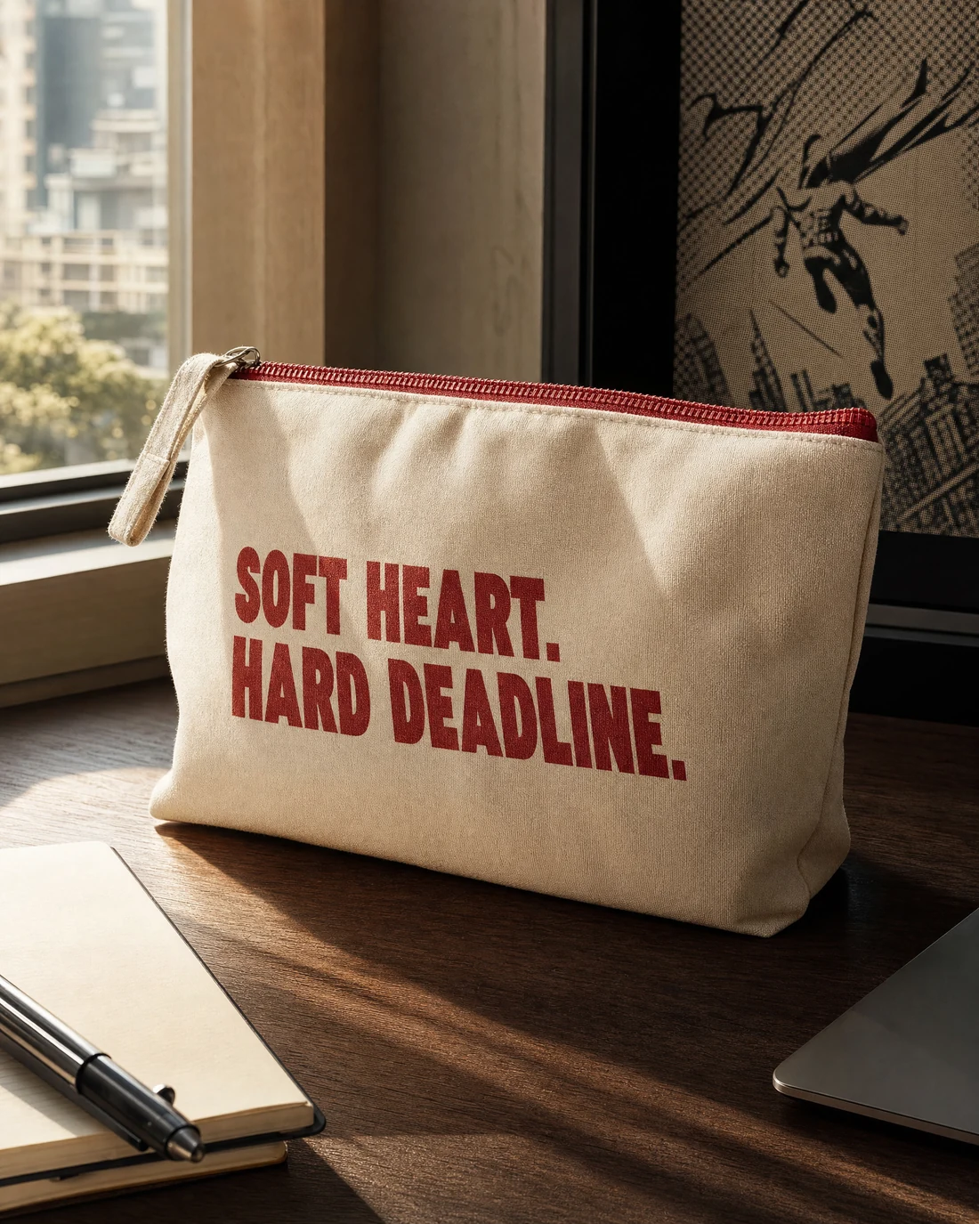 Lined cotton-canvas pouch photographed as a real premium object with the exact statement “soft heart. hard deadline.” integrated into its material.
