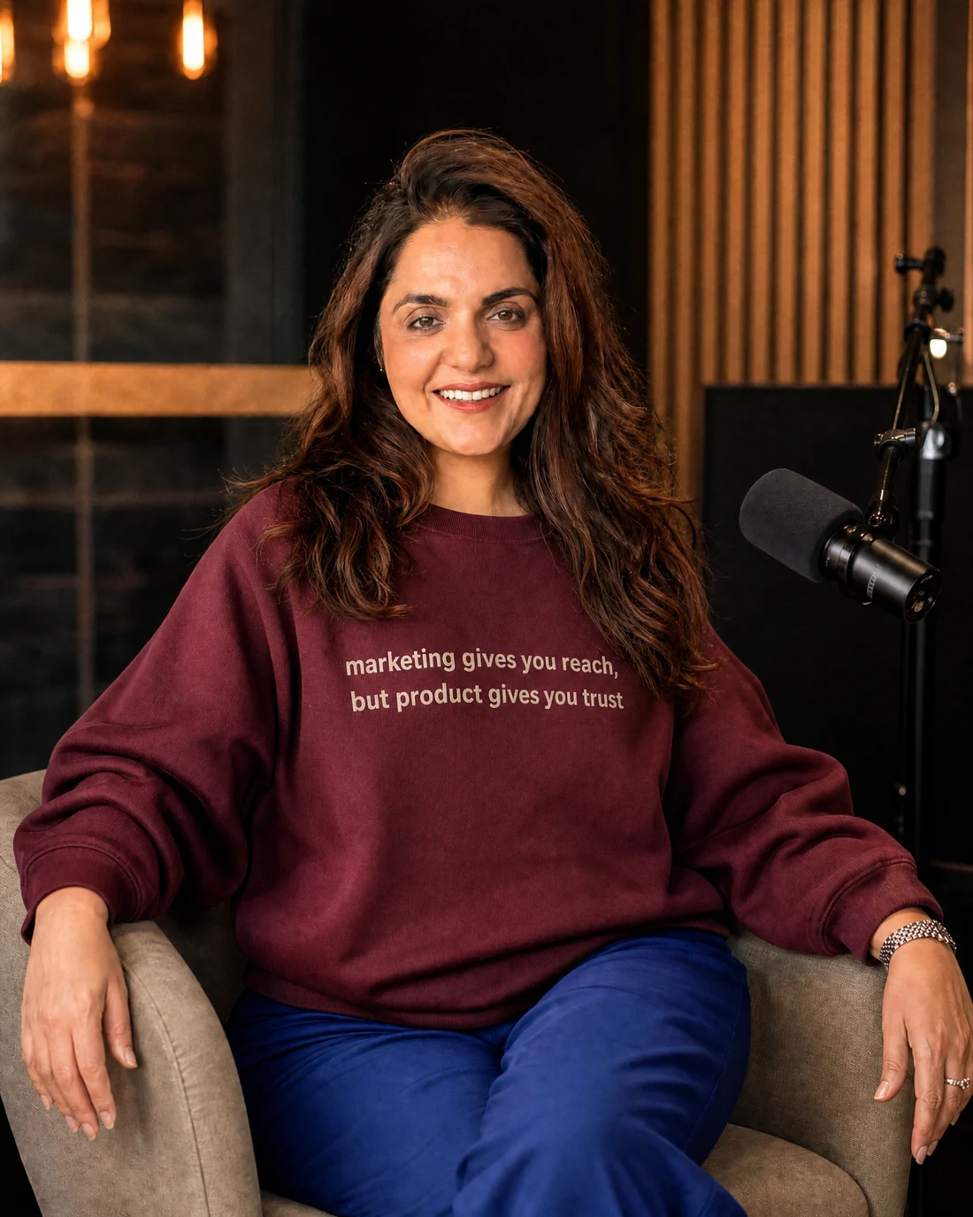 Ragini wearing the Women Marketing Gives You Reach But Product Panel Drop with the exact statement “marketing gives you reach, but product gives you trust” printed into the garment.