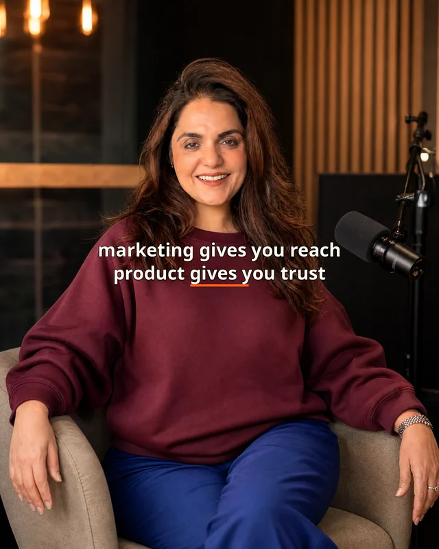 Ragini wearing the Women Marketing Gives You Reach But Product Panel Drop featuring the exact statement “marketing gives you reach, but product gives you trust”.