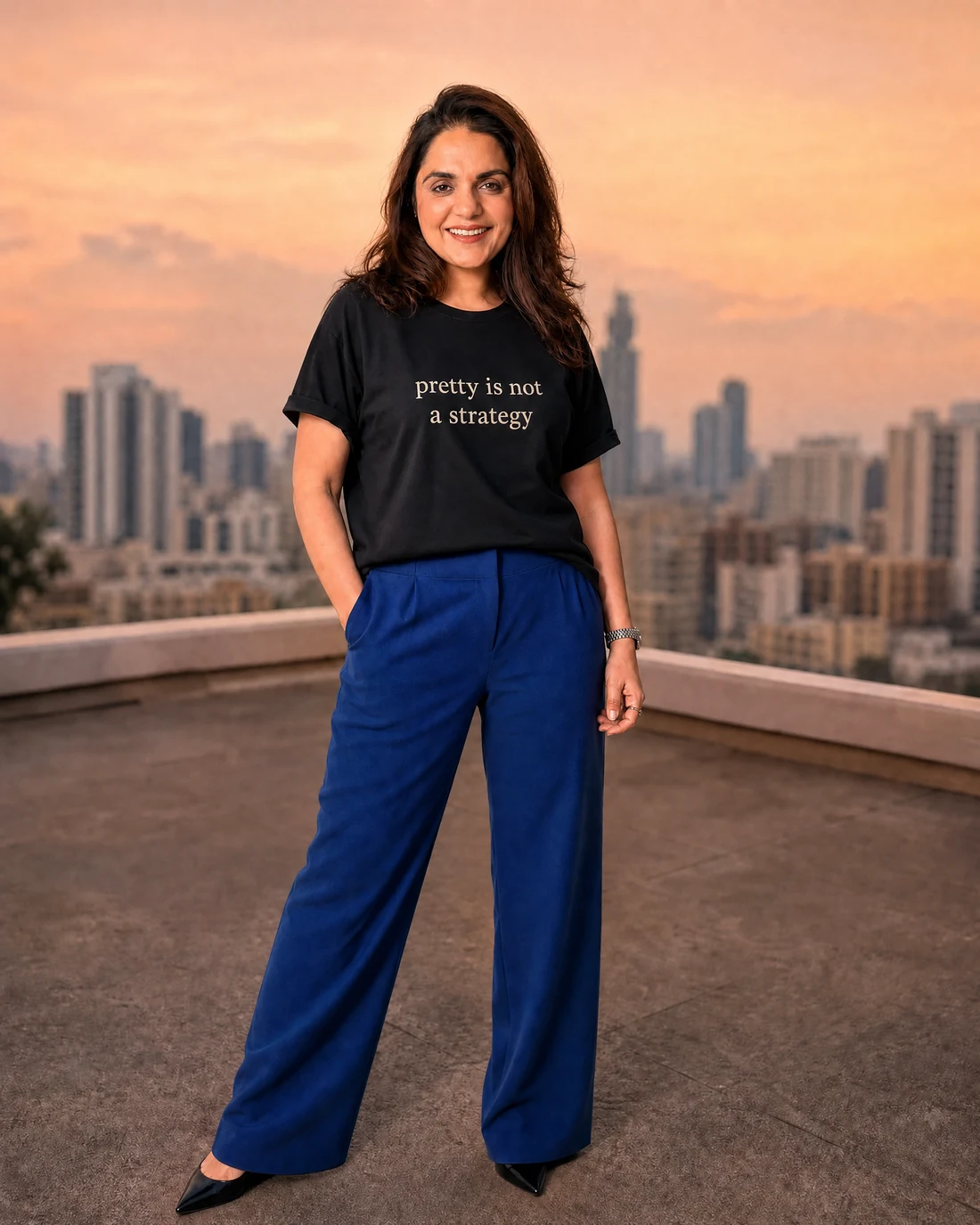 Ragini wearing the Women Pretty Is Not A Strategy Editor’s Mark with the exact statement “pretty is not a strategy” printed into the garment.