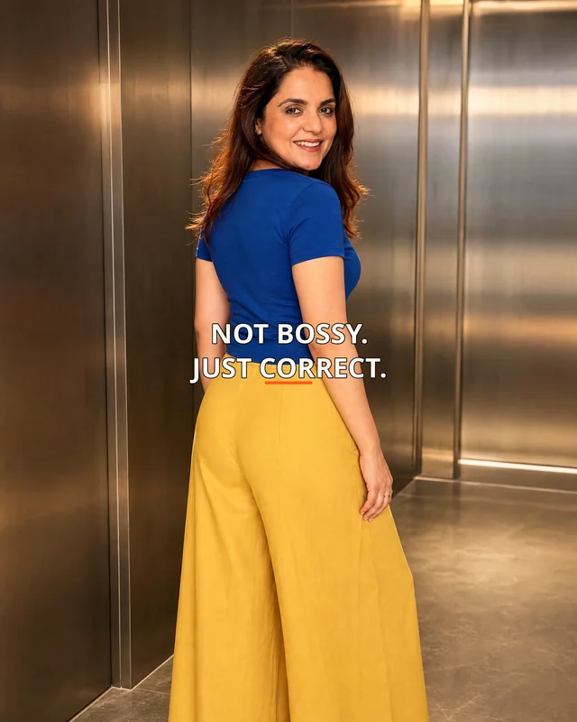 Ragini wearing the Women Not Bossy Just Correct Backstory featuring the exact statement “not bossy. just correct.”.