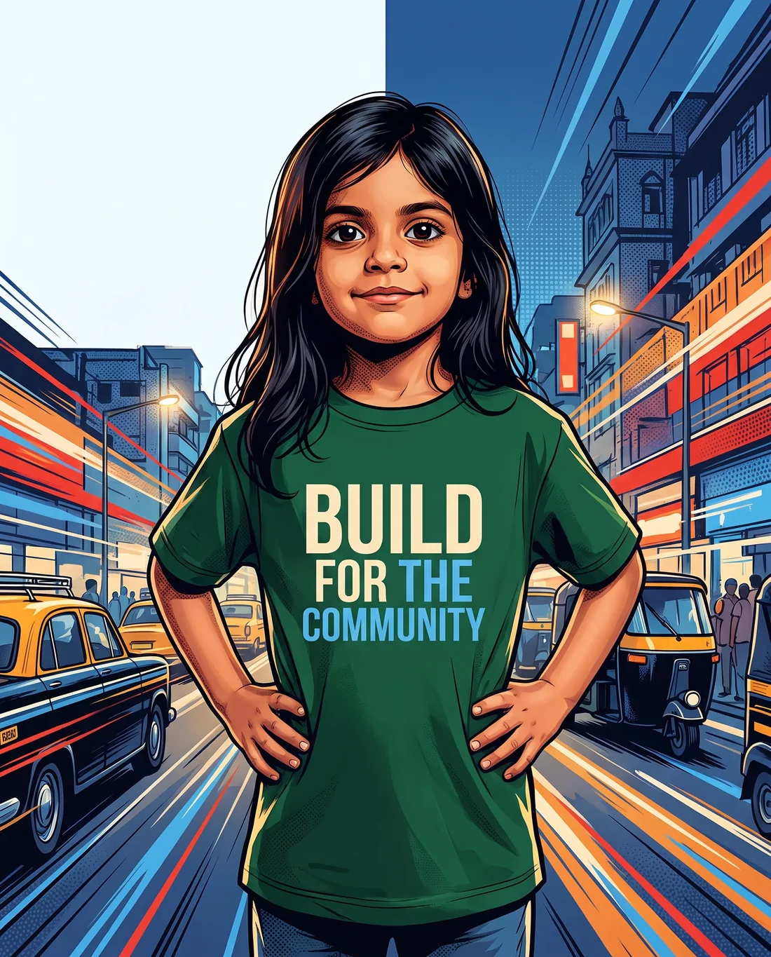 Aarya in a premium girls statement T-shirt, styled with confident comic-book energy.