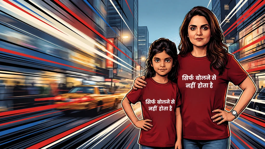 Ragini and Aarya in matching red premium statement tees reading सिर्फ बोलने से नहीं होता है, illustrated with energetic Mumbai comic-book movement.