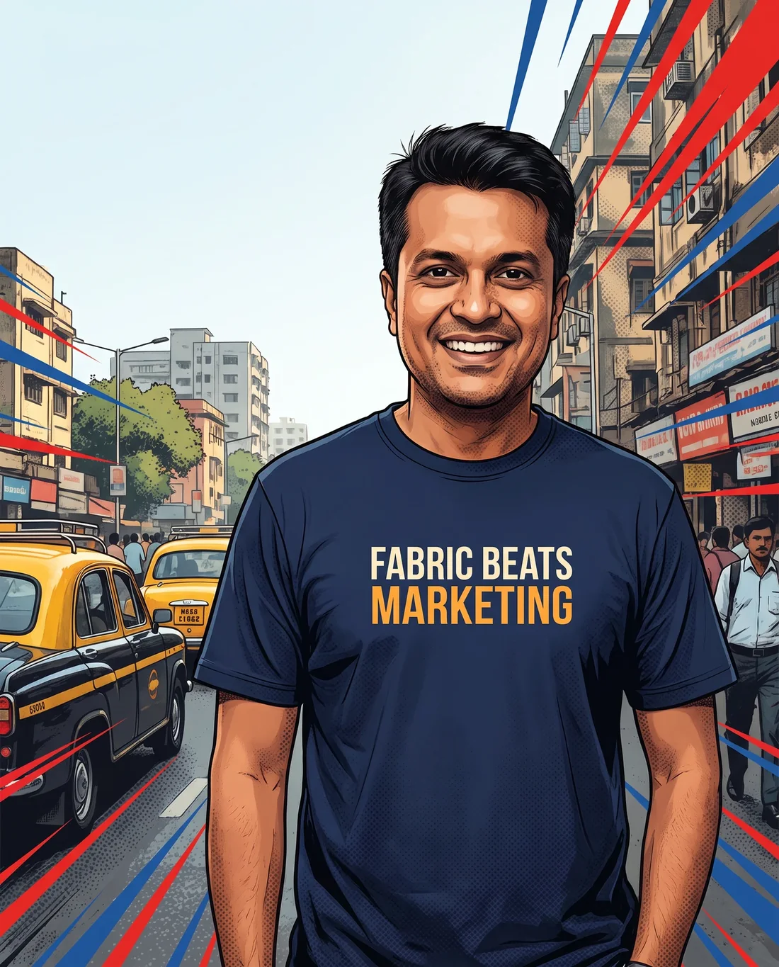 Farooq Adam in a premium statement T-shirt, styled as a Mumbai founder-fashion comic portrait.