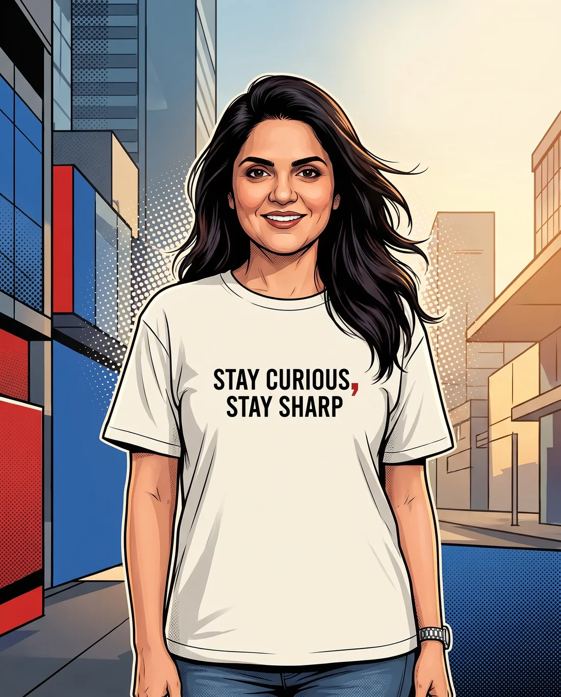 Ragini Varma in a premium statement T-shirt, styled as a contemporary superhero-comic fashion portrait.