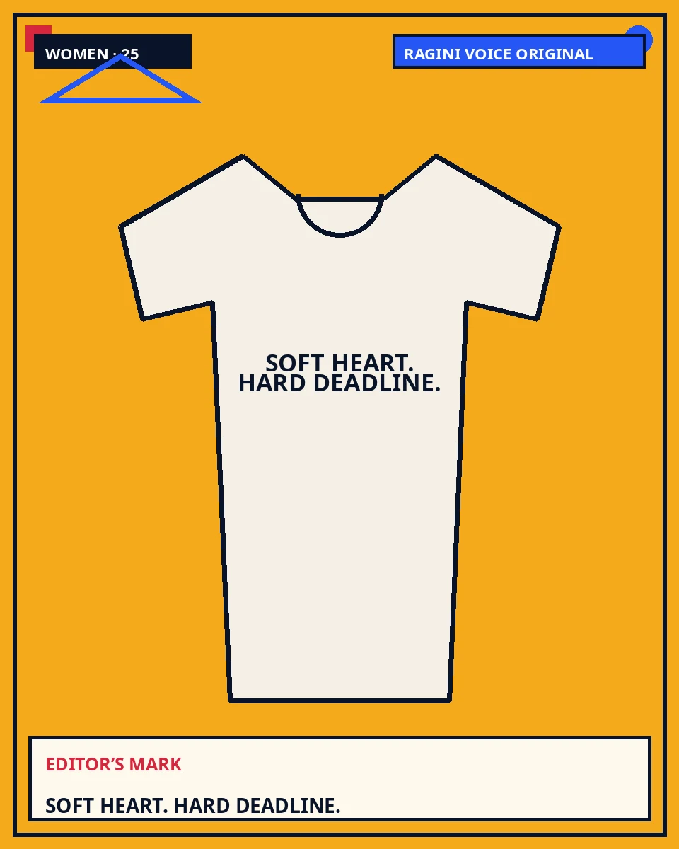 Women relaxed premium tee featuring the exact statement “soft heart. hard deadline.” in the Editor’s Mark treatment.